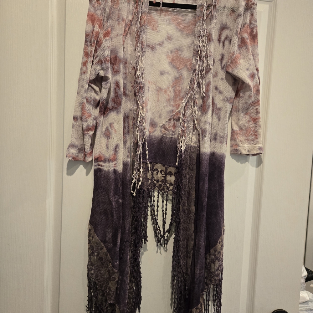XCVI dusty Pink, Greys open lacy shawl with long sleeves. Great for all events.